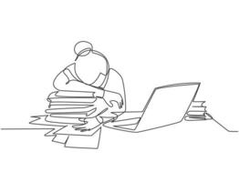 dibujo de línea continua única de empleada joven cansada durmiendo en el escritorio con computadora portátil y pila de papeles. fatiga laboral en el concepto de oficina diseño de dibujo de una línea ilustración vectorial vector