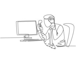 Single continuous line drawing of young angry worker mad at phone call beside pile of papers on his desk. Anger management at the office concept one line draw graphic design vector illustration