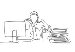 Single continuous line drawing of young mad stressful businessman tearing paper in his work desk at his office. Business project failure concept one line draw graphic design vector illustration