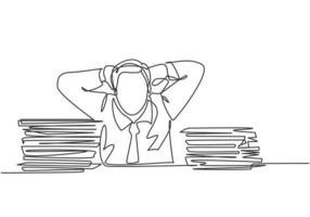 Single continuous line drawing of young frustrated businessman got headache facing pile of papers project on his desk. Overtime work at the office concept one line draw design vector illustration