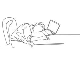 Single continuous line drawing of young sleepy male worker fall asleep on laptop while he was working on his desk. Work fatigue at the office concept one line draw design graphic vector illustration