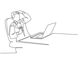 One single line drawing of young depressed manager trauma of the computer because his overload working at he office. Work traumatic life concept continuous line draw graphic design vector illustration