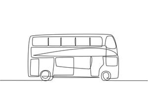 Single continuous line drawing double decker buses that are seen from the side, serve tourists to go around the city enjoying their holidays. Dynamic one line draw graphic design vector illustration.