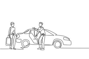 Single one line drawing of male taxi drivers are inviting prospective passengers to get inside and deliver them to their destination. Modern continuous line draw design graphic vector illustration.