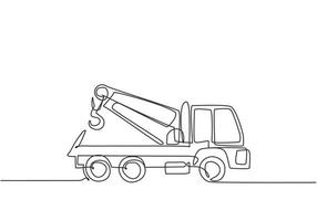 Single continuous line drawing the tow truck seen from the side is ready to help the driver whose car is damaged on the highway. Insurance facility. One line draw graphic design vector illustration.