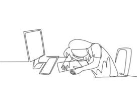 Single continuous line drawing of young tired female employee sleeping on the work desk with computer. Work fatigue at the office concept. Trendy one line draw design graphic vector illustration