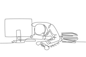 Single continuous line drawing of young despair manager give up answering phone call and cover his face on the desk. Work overload at the office concept one line draw design vector illustration