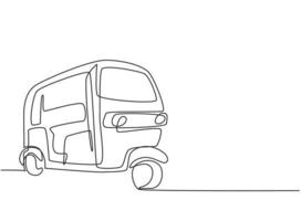 Single continuous line drawing rickshaw traditional transportation in India which serves local passengers and foreign tourists who are on vacation. One line draw graphic design vector illustration.