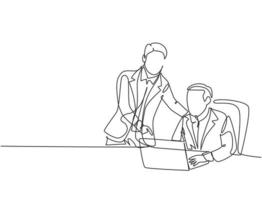 Single continuous line drawing of young manager discussing work plan with his subordinate while staring laptop monitor. Business discussion concept. One line draw design graphic vector illustration