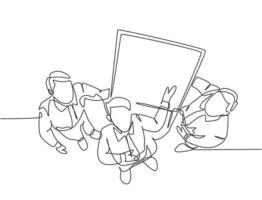 One continuous line drawing of young happy business men meeting using flip chart from top view. Business executive presentation teamwork concept. Single line draw design graphic vector illustration