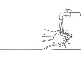 Continuous one line drawing of washing hands with clean water spilled from the tap to protection hands from germs, bacteria, viruses. Flowing water. Single line draw design vector graphic illustration