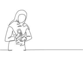 Continuous one line drawing a woman wearing a hijab pours hand sanitizer into her palms to avoid bacteria and be more hygienic. Protection against covid-19. Single line draw design vector illustration