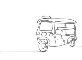 Los turistas suelen utilizar el tuk tuk de tailandia de dibujo de una sola línea continua como medio de transporte para desplazarse por las atracciones turísticas de tailandia. Ilustración de vector de diseño gráfico de dibujo de una línea.