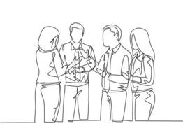 One single line drawing of project manager explain company business process to young male and female apprentices at office. Business internship concept continuous line draw design vector illustration