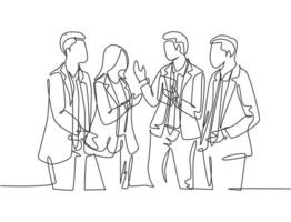 One continuous line drawing of young male and female employees have a little chat while a working break at the head office. Workers daily life concept single line draw design vector illustration