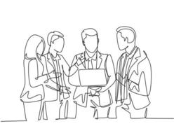 One continuous line drawing of young male manager persuade little chat with some workers while holding a laptop at office. Business presentation single line draw design graphic vector illustration