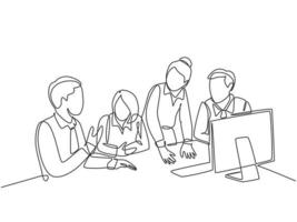 One single line drawing of young happy male and female business owner do conference about work together with computer monitor. Business collaboration concept continuous line draw vector illustration