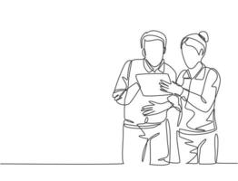 One single line drawing of two young male and female workers watching stock movements on tablet together at the office. Stockbroker concept continuous line draw design graphic vector illustration