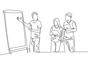 One single line drawing of young happy startup members discussing company growth and writing at flip chart. Business presentation concept continuous line graphic draw design vector illustration