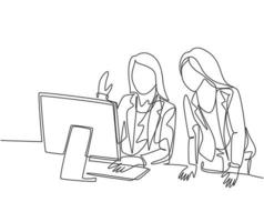 One single line drawing of two young female workers learning work skill by watching video tutorial on screen together. Video conference concept continuous line draw graphic design vector illustration