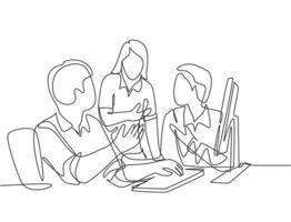 One continuous line drawing of young businessmen discussing new product launch during team meeting. Business innovation discussion concept. Modern single line draw design graphic vector illustration