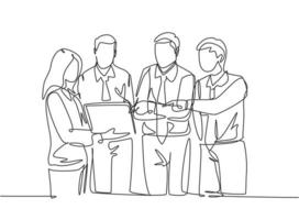 One continuous line drawing of young happy male and female workers standing and discussing project at meeting room. Work discussion at the office concept single line draw design vector illustration