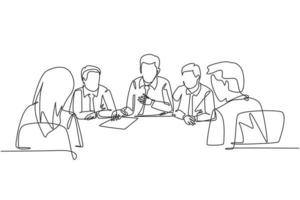 One continuous line drawing of senior manager giving instruction to raise product sales to the marketing team members in the meeting. Business briefing concept single line draw design illustration
