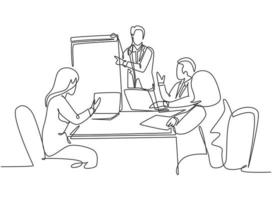 One continuous line drawing of young happy instructor presenting marketing strategy at the office discussion. Sales improvement meeting concept single line draw design vector graphic illustration