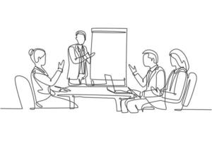 Single continuous line drawing of young happy business instructor teaching interpersonal skill to the attendees during presentation. Business training concept one line draw design vector illustration