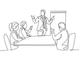 Single continuous line drawing of young happy businessman and businesswoman discussing in the office meeting room. Business meeting and presentation concept one line draw design vector illustration