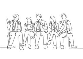 One continuous line drawing of young male and female interviewee sitting on chair waiting for their turn to be interviewed. Job applicant process concept single line draw design vector illustration