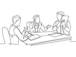 Single continuous line drawing of young happy businessmen discussing in meeting room to collaborate at some projects. Business collaboration concept one line draw design vector graphic illustration