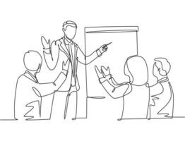 Single continuous line drawing of young happy business trainer presenting great lesson and clapped by the audience during meeting. Team training concept. Trend one line draw design vector illustration