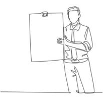 One single line drawing of young presenter holding big screen board to introduce new product of company. New product launch presentation concept continuous line draw design graphic vector illustration