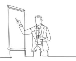 One continuous line drawing of businessman presenter drawing graph chart on screen board while on meeting. Business presentation at the office concept single line draw design vector illustration