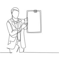 Single continuous line drawing of young presenter giving instruction using little blackboard while meeting at the office. Work presentation concept one line draw design graphic vector illustration