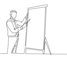 One continuous line drawing of young manager writing business success formula on flip chart and share it to audience. Business training concept single line draw design vector illustration