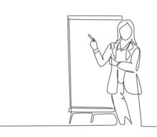 One single line drawing of young female presenter thinking while doing presentation at the office during meeting. Work presentation concept continuous line draw graphic design vector illustration