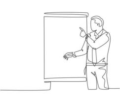 One continuous line drawing of young startup founder presenting new technology innovation in their apps to the investor. Business investment concept single line draw design vector graphic illustration