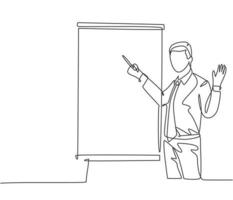 Single continuous line drawing of young business manager giving lecture to apprentice during work meeting. Work presentation at the office concept one line draw design graphic vector illustration