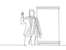 One continuous line drawing of young presenter giving thumbs up gesture to the audience while meeting. Business presentation at the office concept single line draw design vector illustration