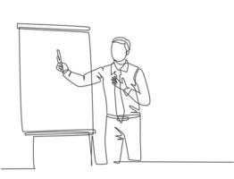 One single line drawing of young presenter explaining business strategy during team meeting. Effective training presentation for work office concept continuous line draw design vector illustration