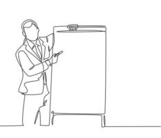 Single continuous line drawing of young business coach teaching strategy to increase sales product to sales team. Business coaching concept. Trendy one line draw design vector graphic illustration