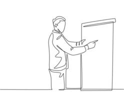 Single continuous line drawing of young sales manager pointing a finger to the infographic on screen board during meeting. Work presentation at office concept one line draw design vector illustration