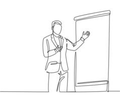 Single continuous line drawing of presenter present product technology innovation to his colleagues at office. Work strategic planing presentation concept one line draw design vector illustration