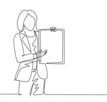 Single continuous line drawing of young female presenter presenting new product launch using tablet while meeting at the office. Work presentation concept one line draw design vector illustration