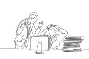 Single continuous line drawing of young furious manager blaming his frustrated staff about lack job performance. Work pressure at the office concept one line draw design vector graphic illustration