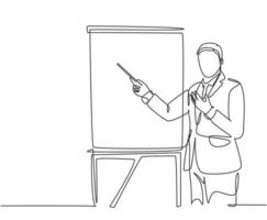 One single line drawing of young manager holding a tablet during business presentation at the office. Effective training presentation concept continuous line draw graphic design vector illustration