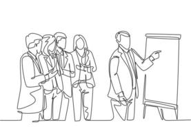 Single continuous line drawing of senior manager giving presentation and instruction to the marketing staffs on flip chart. Business meeting concept one line draw design vector graphic illustration