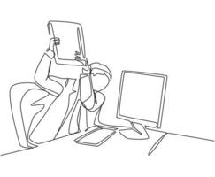 One single line drawing of young furious male worker ready to smash monitor computer using file folder. Work overload at the office concept continuous line draw design graphic vector illustration